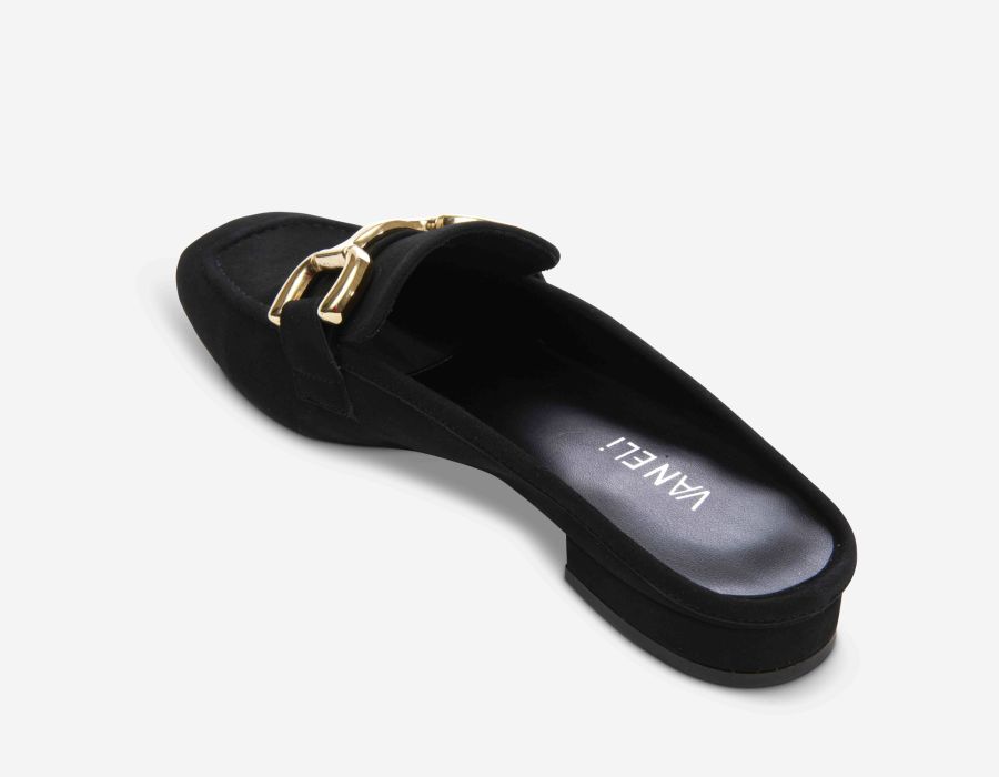 Black loafer with gold chain detail on a white background