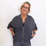 Person wearing a gray zip-up hoodie and pants against a white background