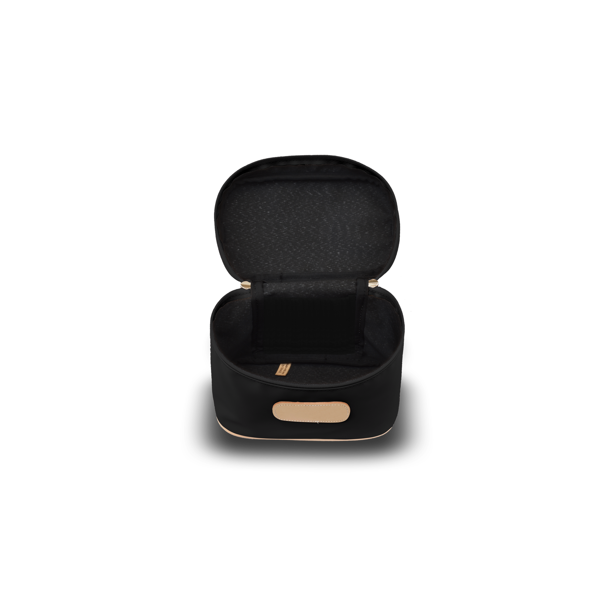 Black travel case with gold accent on a white background