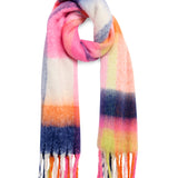 Multicolored striped scarf with tassels on a white background