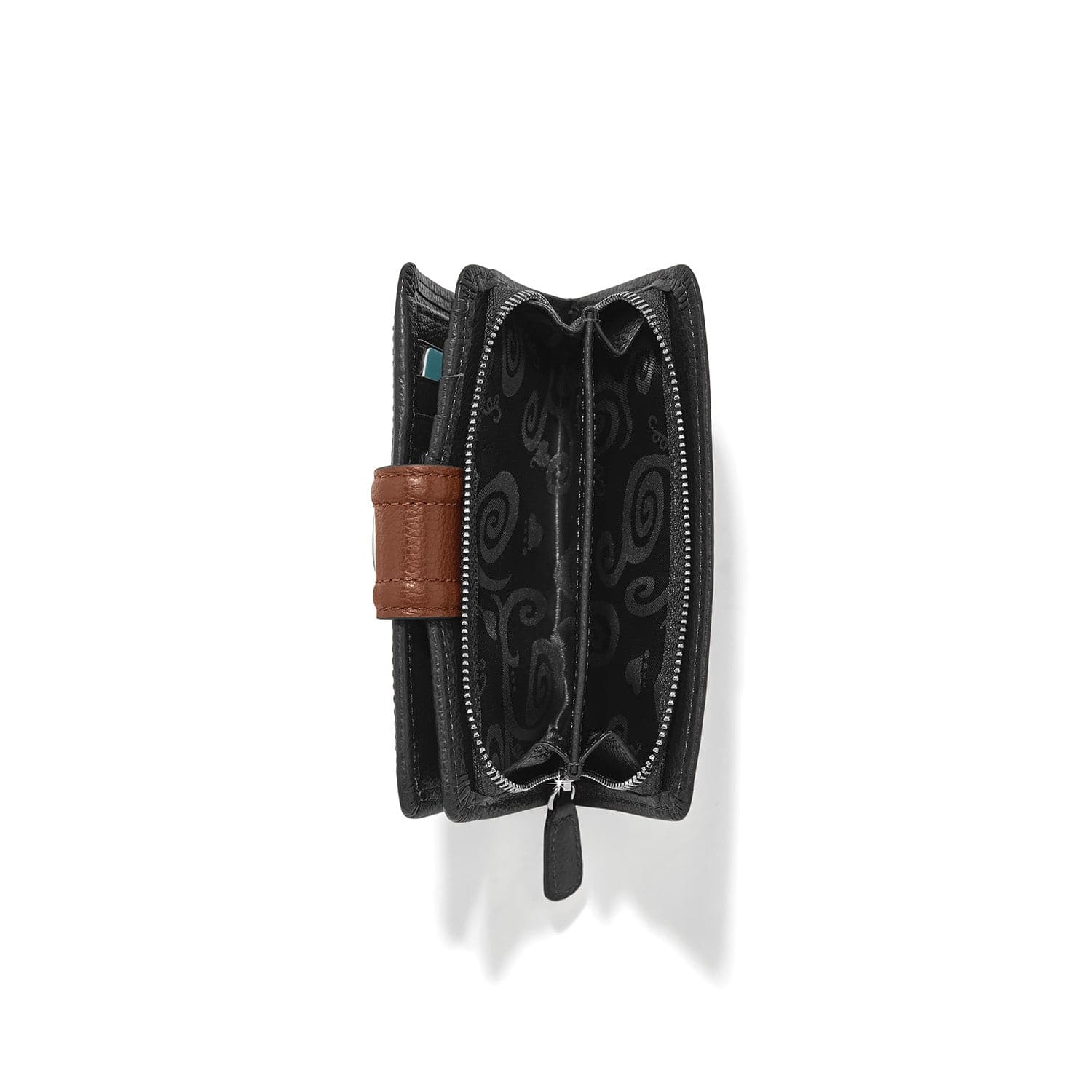 Black wallet with brown strap on a white background