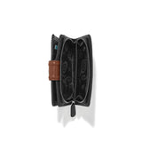 Black wallet with brown strap on a white background