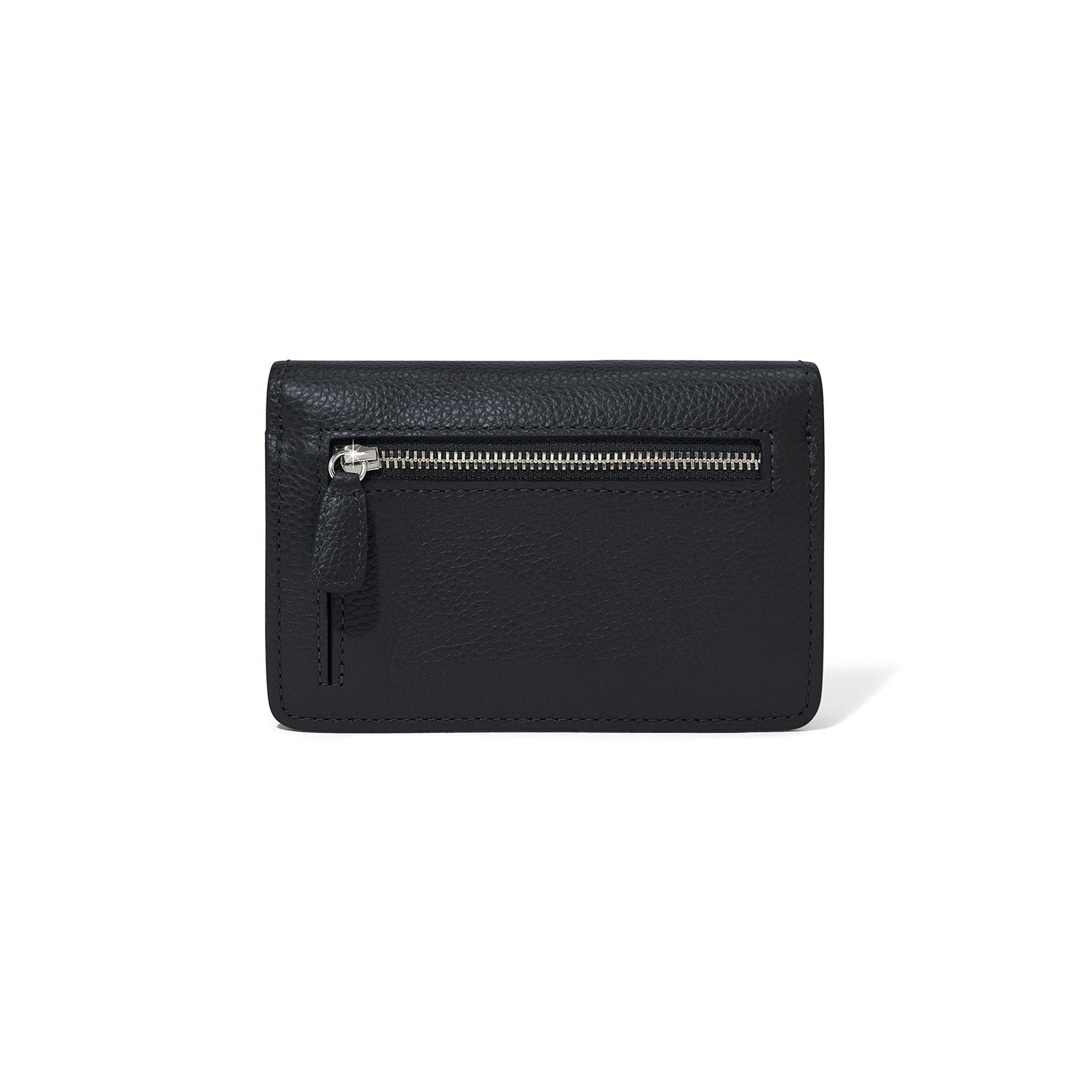 Black leather wallet with a zipper on a white background