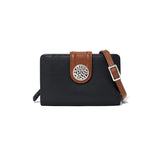 Black leather wallet with brown strap and decorative buckle on a white background