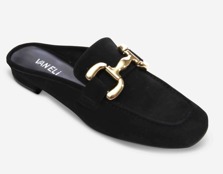 Black slip-on shoe with gold buckle on a white background