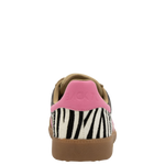 Sneaker with zebra pattern heel tab and pink side panel on a white background
