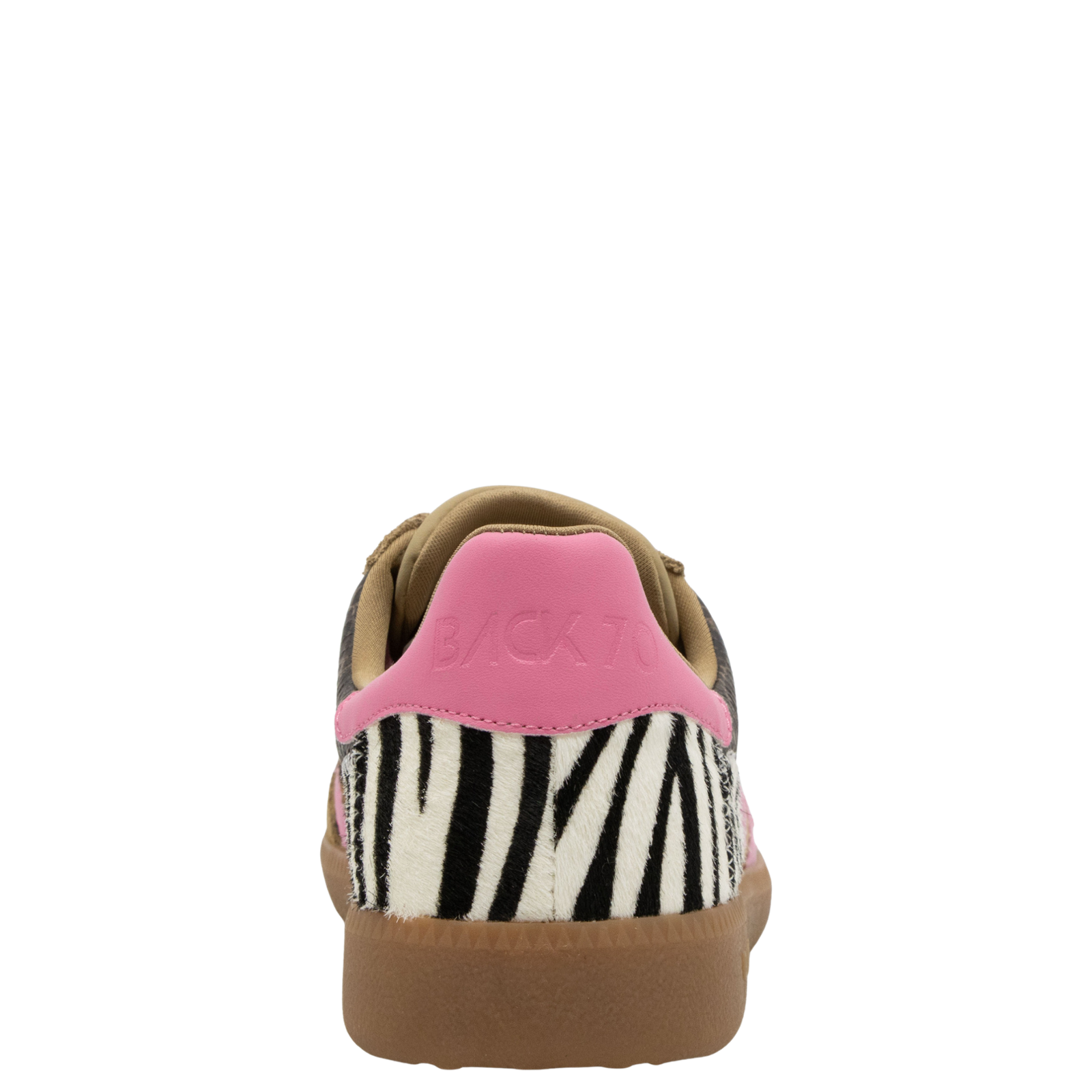 Sneaker with zebra pattern heel tab and pink side panel on a white background