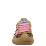 Tan sneaker with pink laces and leopard print accents on a white background