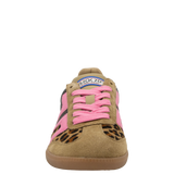 Tan sneaker with pink laces and leopard print accents on a white background