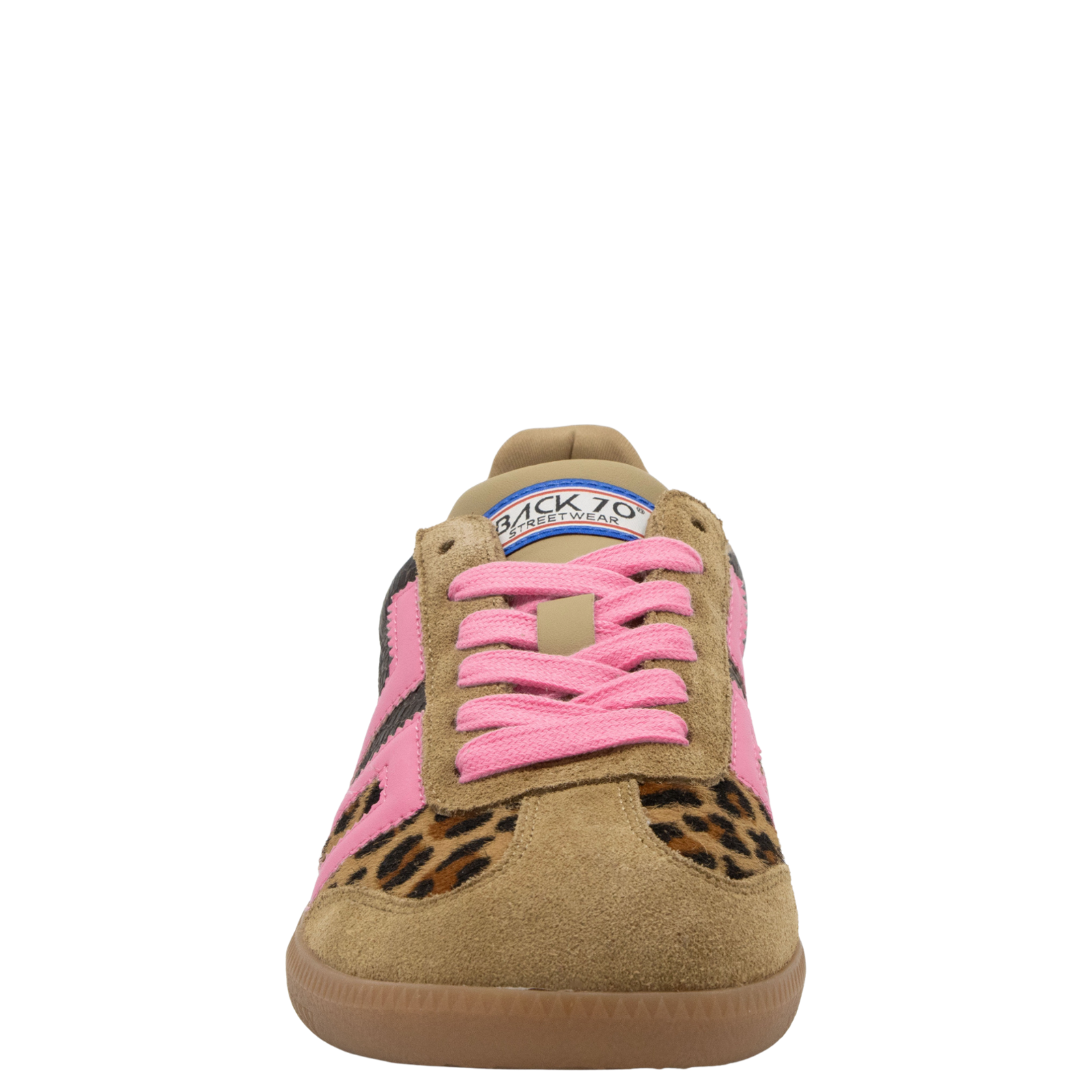 Tan sneaker with pink laces and leopard print accents on a white background