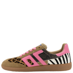 Sneaker with pink accents, leopard print, and zebra pattern on a white background
