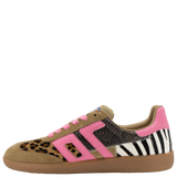 Sneaker with pink accents, leopard print, and zebra pattern on a white background