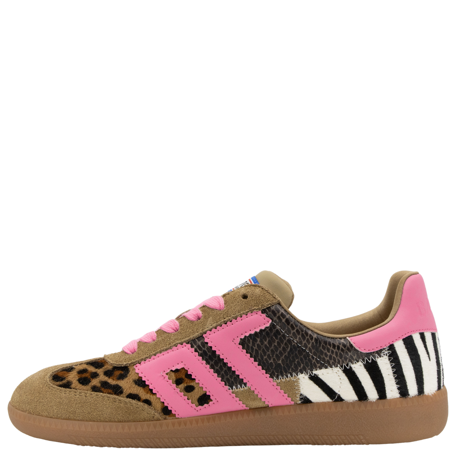 Sneaker with pink accents, leopard print, and zebra pattern on a white background