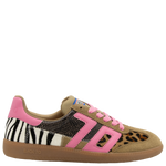 Multicolored sneaker with pink accents on a white background