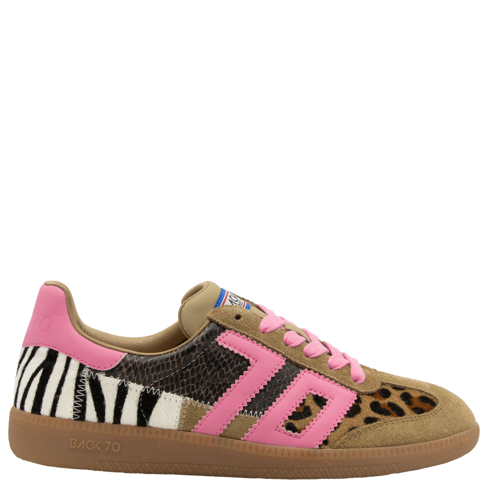 Multicolored sneaker with pink accents on a white background
