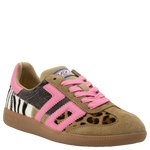 Sneaker with pink and animal print details on a white background