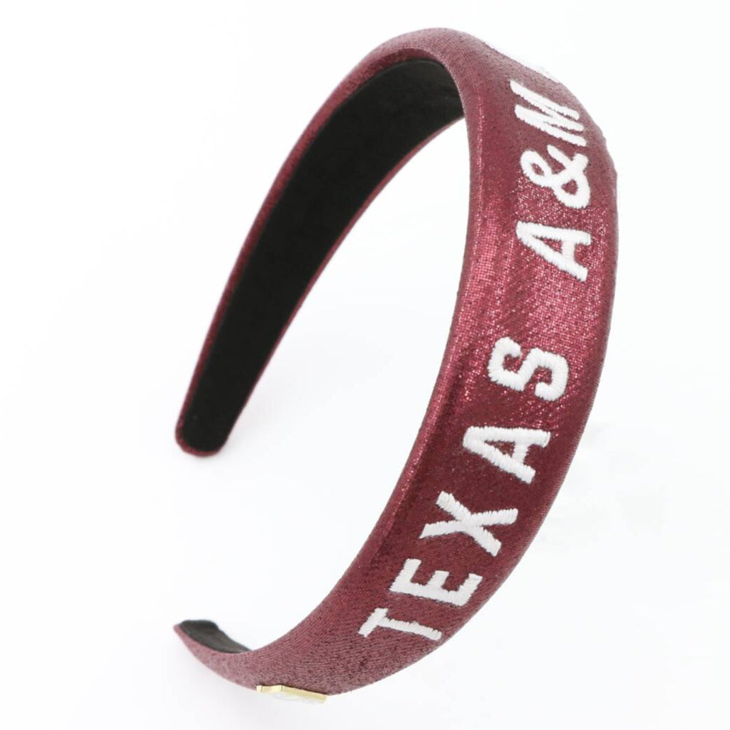 Brianna Cannon Texas A&M thin headband in maroon with Texas A&M logo detailing