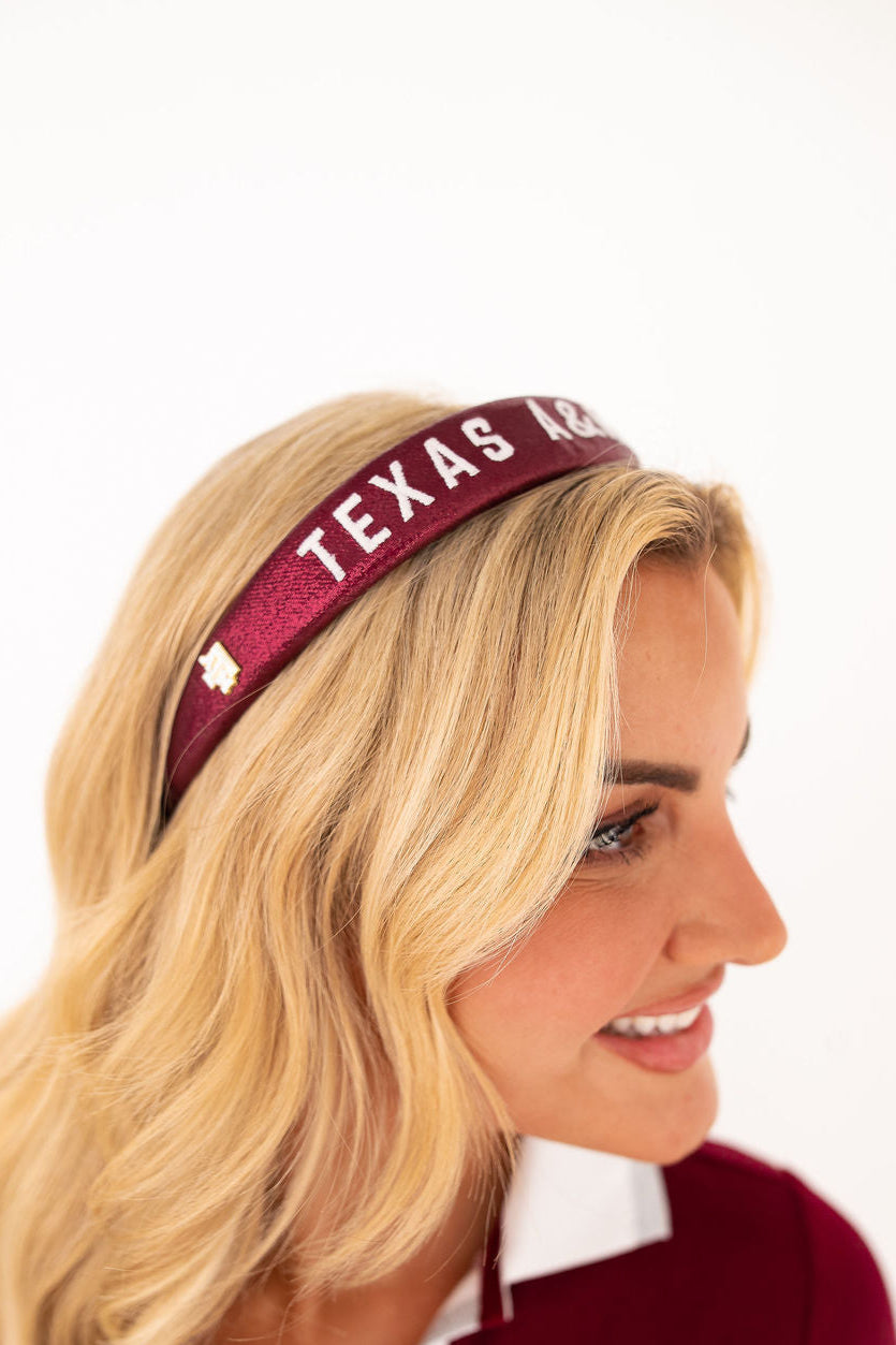 Maroon Texas A&M thin headband by Brianna Cannon featuring team logo accents