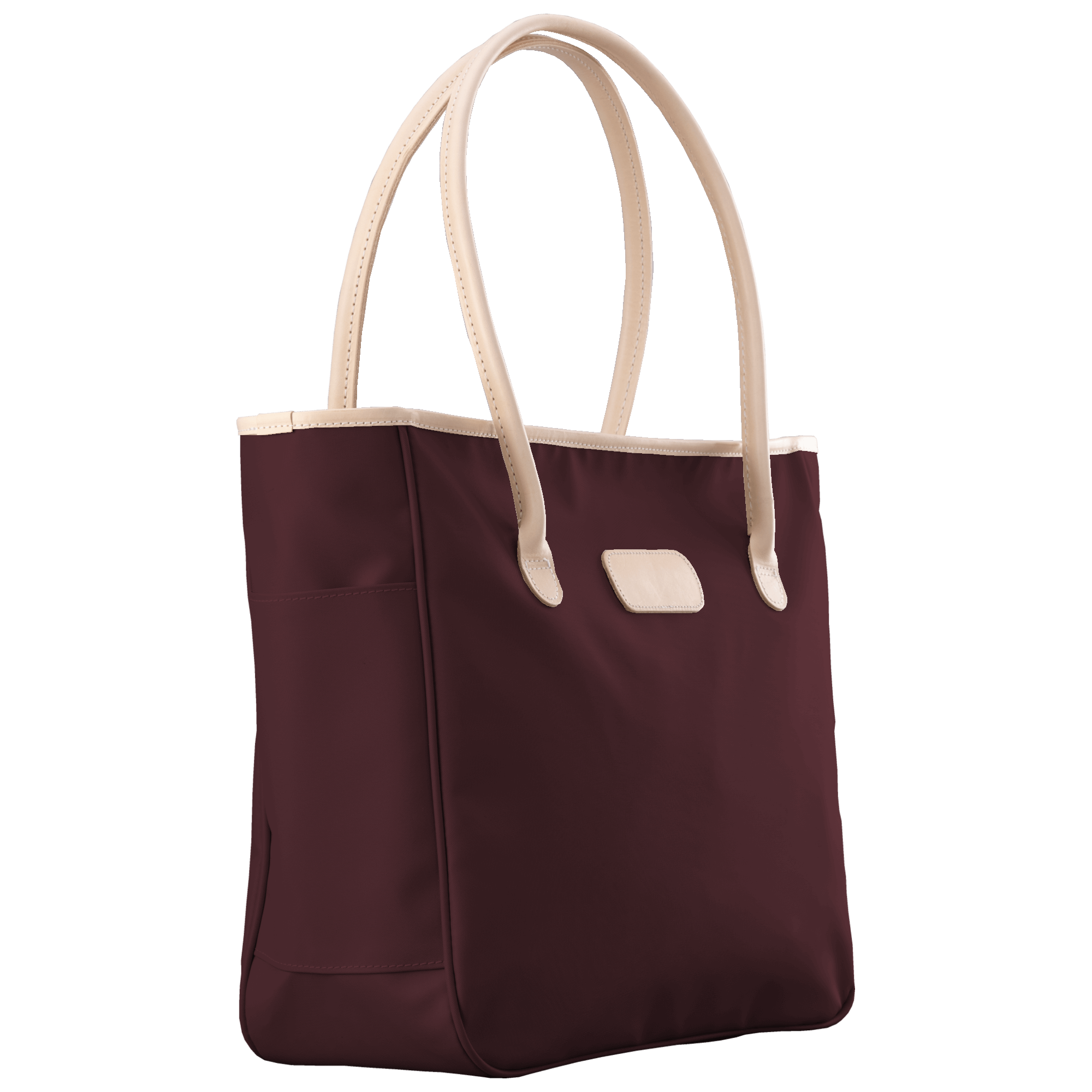 Maroon tote bag with beige handles on a black background