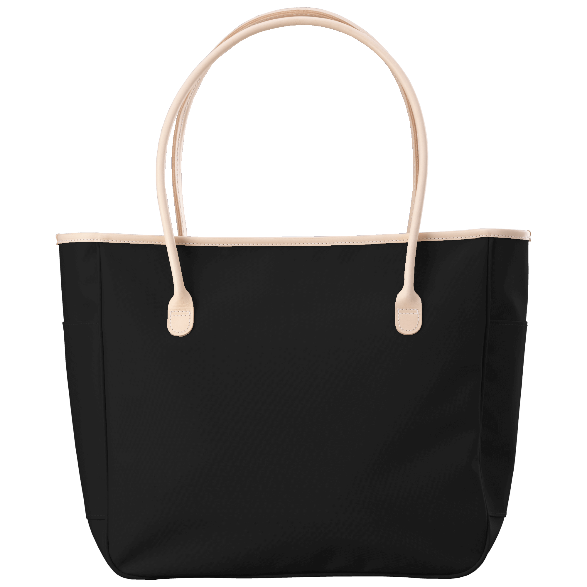 Black tote bag with beige handles on a transparent background