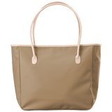 Beige tote bag with white handles on a transparent background
