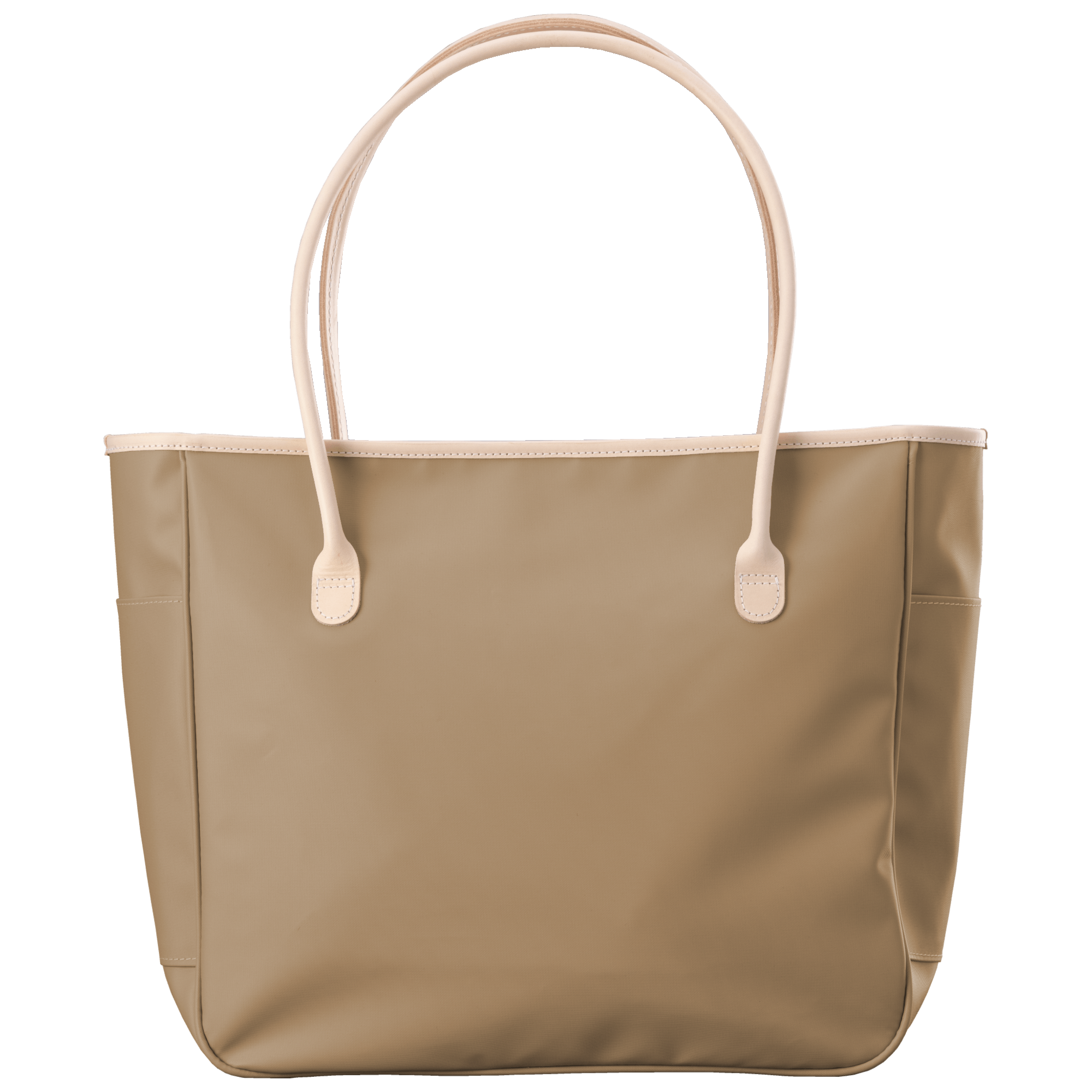 Beige tote bag with white handles on a transparent background