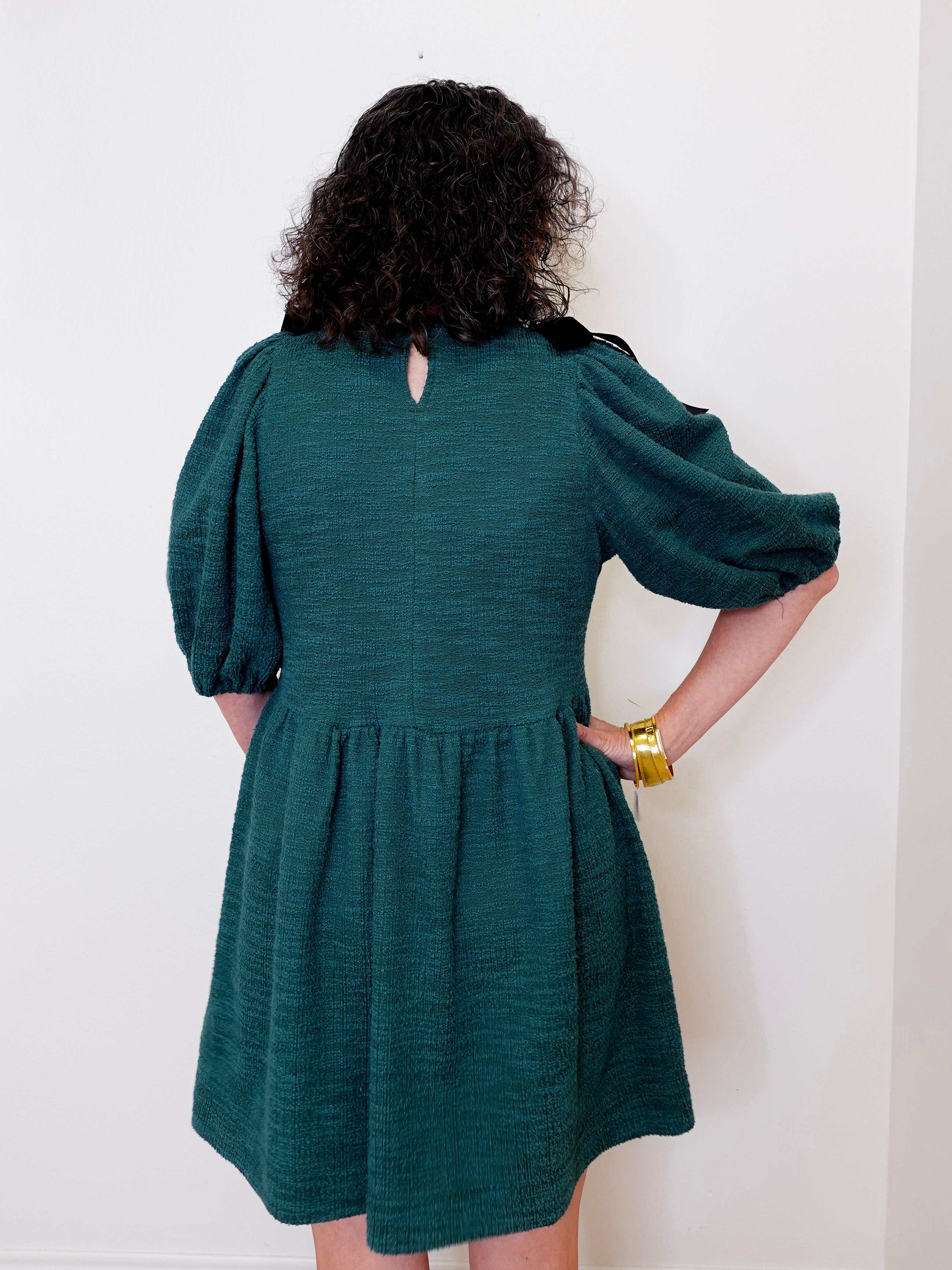 Person wearing a teal dress with puffed sleeves against a white background