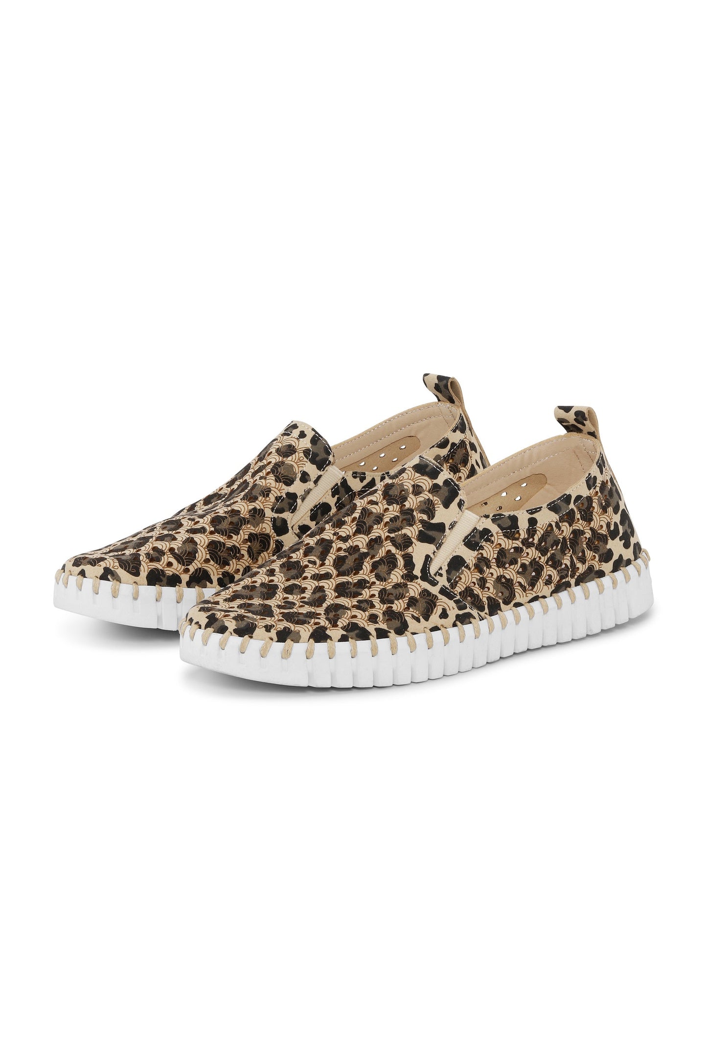 Leopard print slip-on shoes with white soles on a white background