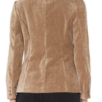 Brown corduroy jacket worn by a person on a white background
