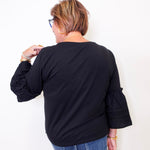 Person wearing a black top with embroidered sleeves against a white background