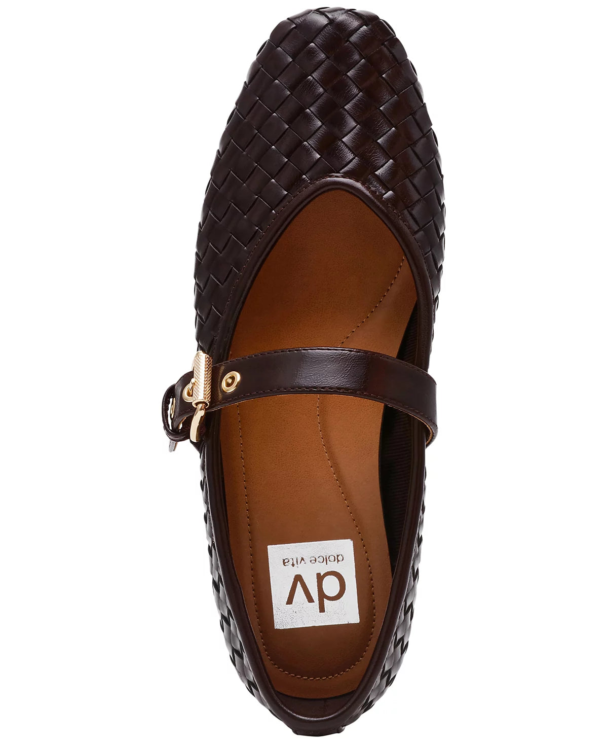 Brown woven shoe with a strap on a white background