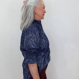 Indigo Waves Smocked Sleeve Button Down Blouse