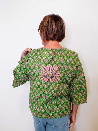 Person wearing a green patterned blouse with a white background