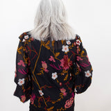 Floral Embroidered V-Neck Blouse with Frills