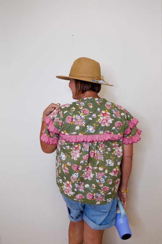 Ruffle Trim S/S Floral Top