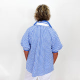 Gingham Puff Sleeve Zippered Top