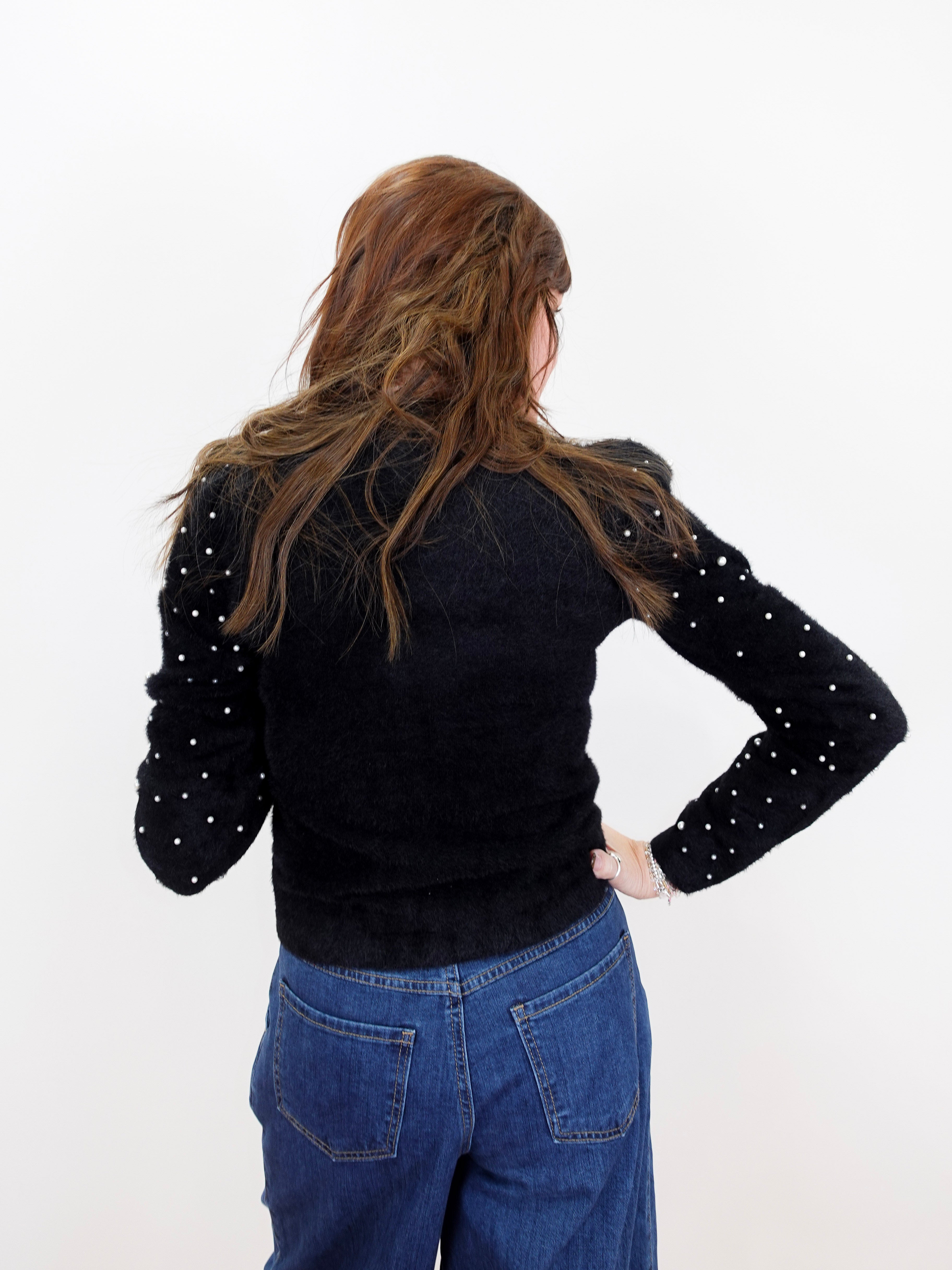 Long Puff Sleeve Crew Neck Sweater W/ Pearls - TresChicTexas