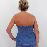 Button Down Denim Bustier W/ Smocking At Back