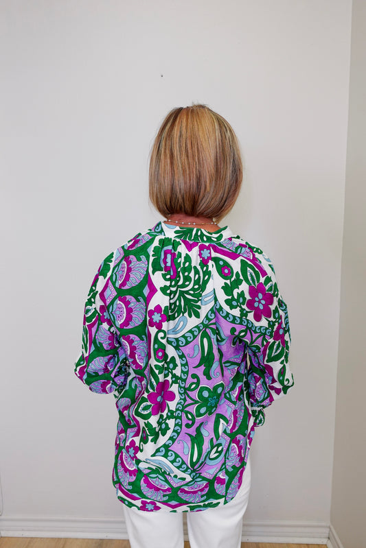Smocked Slv V-Neck Blouse