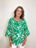 ALL OVER EMB. PEASANT TUNIC W/ 3/4 FLOUNCE SLEEVES