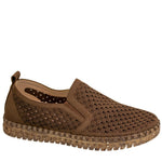 Brown slip-on shoe with textured sole on a white background