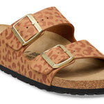 Brown leopard print sandal with gold buckles on a white background