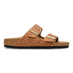 Brown sandal with leopard print and gold buckle on a white background