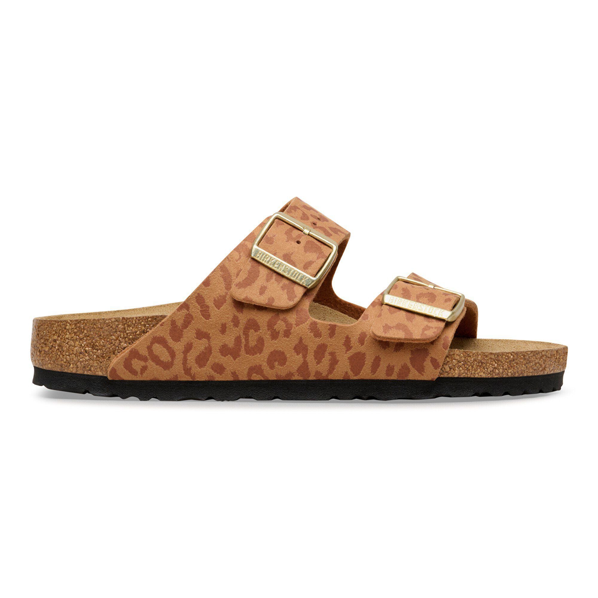 Brown sandal with leopard print and gold buckle on a white background