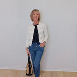 COLLARLESS JACKET W/ FRAY & LACE