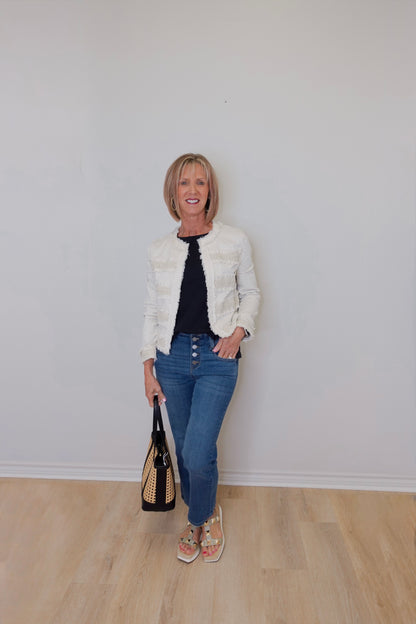 COLLARLESS JACKET W/ FRAY & LACE
