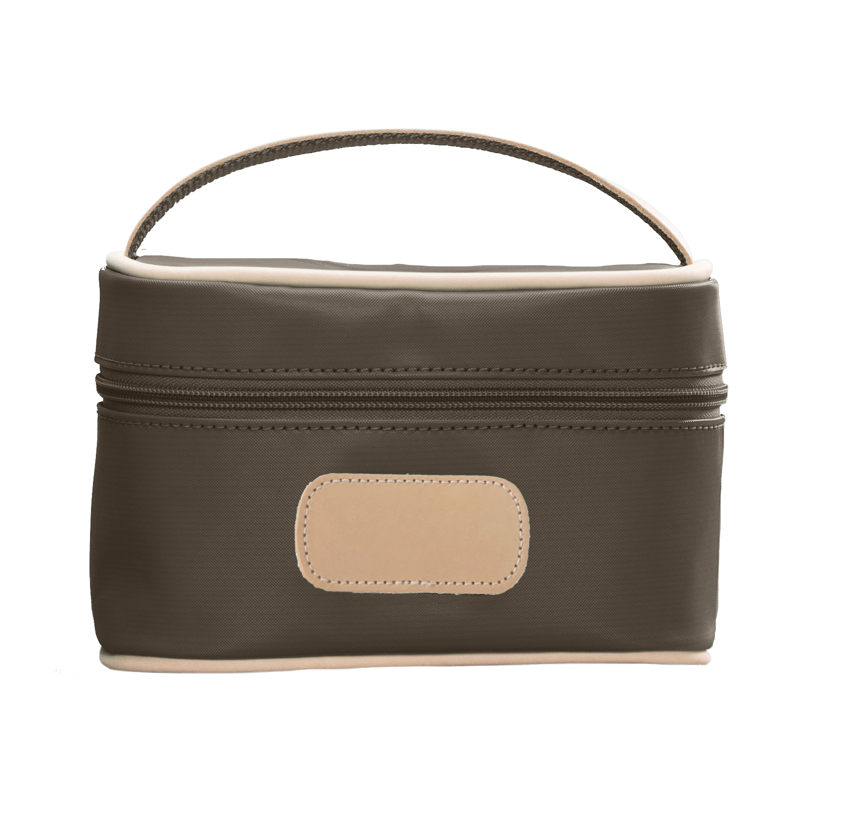 brown cosmetic bag with beige handle and patch on a white background