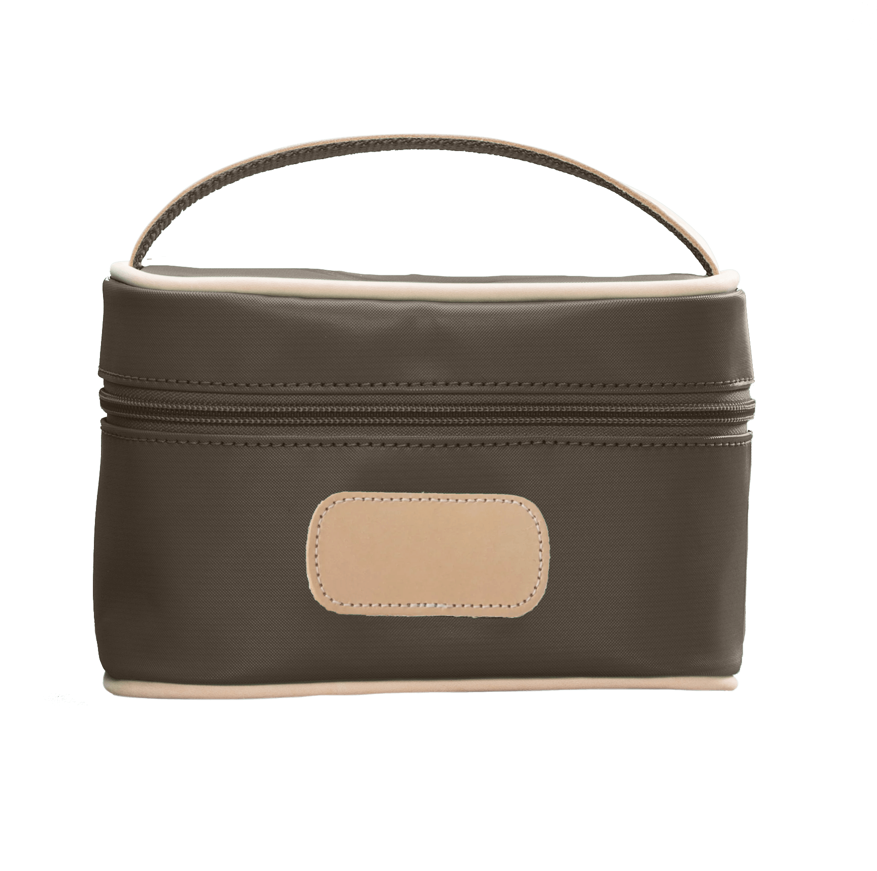 brown cosmetic bag with beige handle and patch on a white background