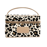 leopard cosmetic bag with beige handle and patch on a white background