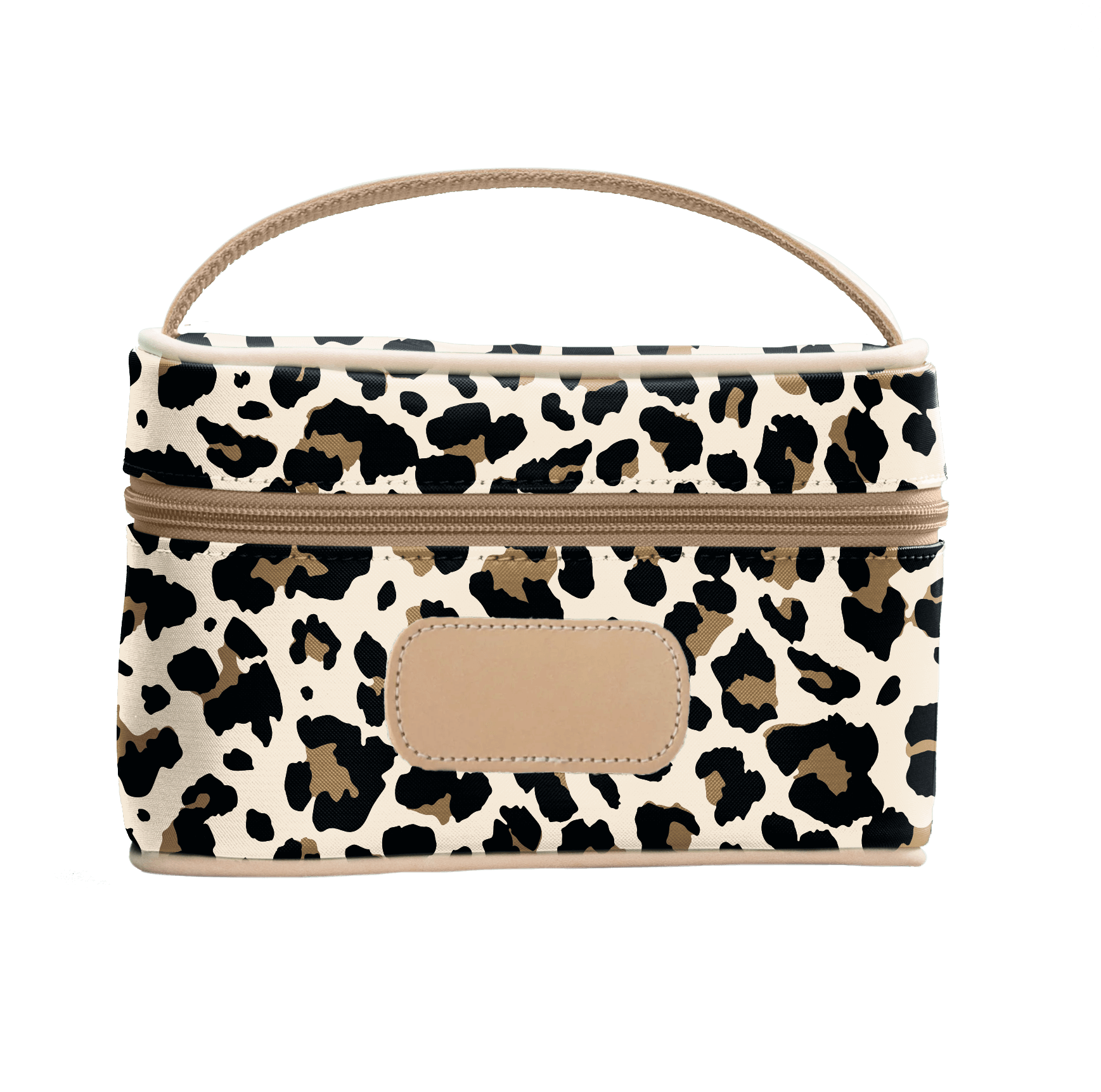 leopard cosmetic bag with beige handle and patch on a white background